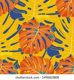 Seamless Pattern with Indonesian Jungle. Trendy Colorful Texture with Tropical Leaves for Dress, Swimwear, Cloth. Vector Tropical Pattern.