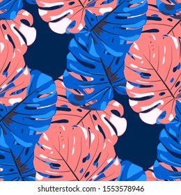 Seamless Pattern with Indonesian Jungle. Trendy Colorful Texture with Tropical Leaves for Fabric, Wallpaper, Linen. Vector Tropical Pattern.