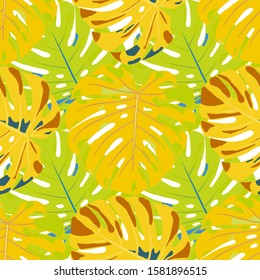 Seamless Pattern with Indonesian Jungle. Trendy Colorful Texture with Tropical Leaves for Dress, Curtain, Cloth. Vector Tropical Pattern.