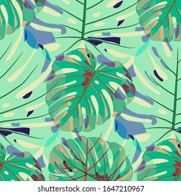 Nahtloses Muster mit indonesischem Dschungel. Trendy Farbige Textur mit tropischen Blättern für Kleidung, Schuhe, Kleidung. Vektorillustration Tropisches Muster.