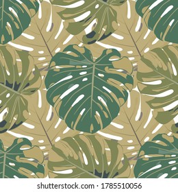 Seamless Pattern with Indonesian Jungle. Vintage Colorful Texture with Tropical Leaves for Paper, Wallpaper, Textile. Vector Tropical Pattern.