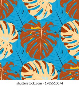Seamless Pattern with Indonesian Jungle. Vintage Colorful Texture with Tropical Leaves for Fabric, Textile, Linen. Vector Tropical Pattern.