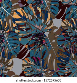 Seamless Pattern with Indonesian Rainforest. Modern Colorful Texture with Tropical Leaves for Print, Textile, Linen. Vector Tropical Pattern.