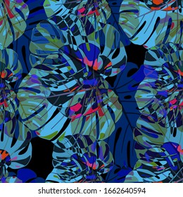Seamless Pattern with Indonesian Rainforest. Modern Colorful Texture with Tropical Leaves for Print, Textile, Underwear. Vector Tropical Pattern.