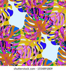 Seamless Pattern with Indonesian Rainforest. Retro Colorful Texture with Tropical Leaves for Wallpaper, Swimwear, Underwear. Vector Tropical Pattern.