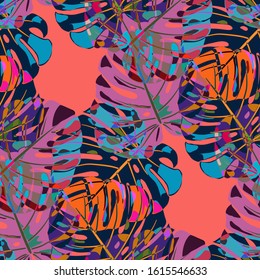 Seamless Pattern with Indonesian Rainforest. Retro Colorful Texture with Tropical Leaves for Paper, Swimwear, Textile. Vector Tropical Pattern.