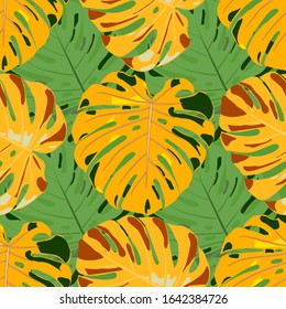 Seamless Pattern with Indonesian Rainforest. Retro Colorful Texture with Tropical Leaves for Print, Swimwear, Underwear. Vector Tropical Pattern.