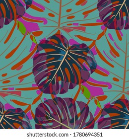 Seamless Pattern with Indonesian Rainforest. Retro Colorful Texture with Tropical Leaves for Dress, Curtain, Cloth. Vector Tropical Pattern.