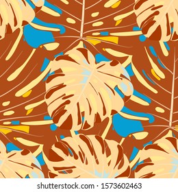 Seamless Pattern with Indonesian Rainforest. Trendy Colorful Texture with Tropical Leaves for Dress, Swimwear, Cloth. Vector Tropical Pattern.