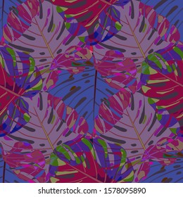 Seamless Pattern with Indonesian Rainforest. Trendy Colorful Texture with Tropical Leaves for Print, Swimwear, Underwear. Vector Tropical Pattern.