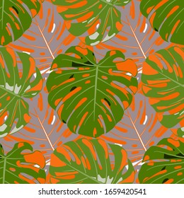 Seamless Pattern with Indonesian Rainforest. Trendy Colorful Texture with Tropical Leaves for Print, Swimwear, Underwear. Vector Tropical Pattern.