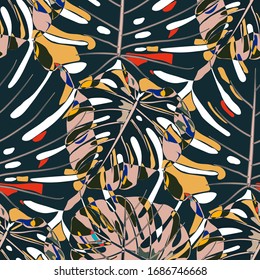 Seamless Pattern with Indonesian Rainforest. Trendy Colorful Texture with Tropical Leaves for Print, Textile, Underwear. Vector Tropical Pattern.