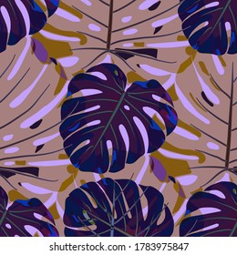 Seamless Pattern with Indonesian Rainforest. Trendy Colorful Texture with Tropical Leaves for Paper, Wallpaper, Textile. Vector Tropical Pattern.