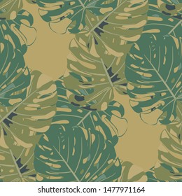 Seamless Pattern with Indonesian Rainforest. Vintage Colorful Texture with Tropical Leaves for Wallpaper, Swimwear, Underwear. Vector Tropical Pattern.