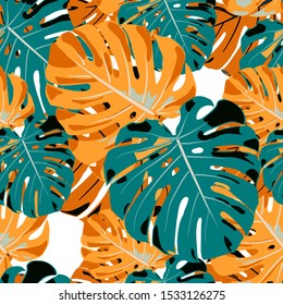 Seamless Pattern with Indonesian Rainforest. Vintage Colorful Texture with Tropical Leaves for Print, Swimwear, Underwear. Vector Tropical Pattern.