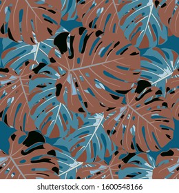 Seamless Pattern with Indonesian Rainforest. Vintage Colorful Texture with Tropical Leaves for Print, Textile, Underwear. Vector Tropical Pattern.