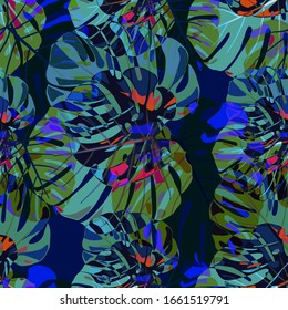 Seamless Pattern with Indonesian Rainforest. Vintage Colorful Texture with Tropical Leaves for Wallpaper, Swimwear, Underwear. Vector Tropical Pattern.