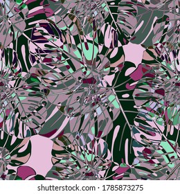 Seamless Pattern with Indonesian Rainforest. Vintage Colorful Texture with Tropical Leaves for Print, Swimwear, Underwear. Vector Tropical Pattern.