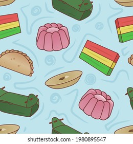 Seamless Pattern of Indonesian Traditional Snack: Lontong, lemper, pudding, bolu, kue lapis, pastel, kue lumpur