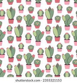 Seamless pattern indoor cartoon cactus succulents of different shapes on white background. Houseplants in pots. Vector illustration.
