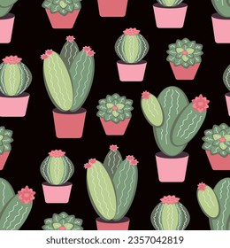 Seamless pattern indoor cartoon cactus succulents of different shapes on black background. Houseplants in pots. Vector illustration.