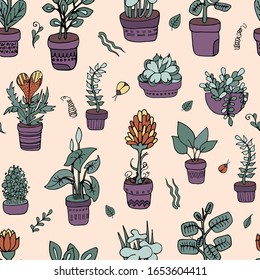 Seamless pattern of indoor home flowers in pots. Palm cactus succulent dried flower. interior flowers. indoor flowers for the greenhouse. Vector hand-drawn stock illustration. stylized cartoon flowers