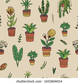 Seamless pattern of indoor home flowers in pots. Palm cactus succulent dried flower. interior flowers. indoor flowers for the greenhouse. Vector hand-drawn stock illustration. stylized cartoon flowers