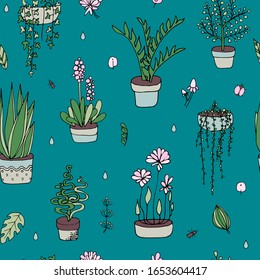 Seamless pattern of indoor home flowers in pots. Palm cactus succulent dried flower. interior flowers. indoor flowers for the greenhouse. Vector hand-drawn stock illustration. stylized cartoon flowers