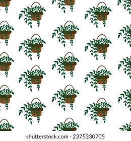 Patrón sin foco con planta interior. Planta colgante de casa en la olla. Un fondo de repetición agradable y acogedor. Diseño de vectores