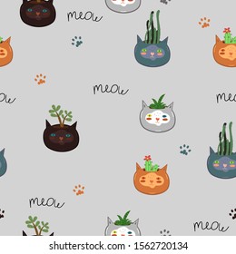 Seamless pattern with indoor plants in cat pots. Vector graphics.