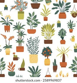 Seamless pattern of indoor plants in different pots. Flowering and leafy plants in pots, on a stand and in a cachepot. Flat vector illustration.
 