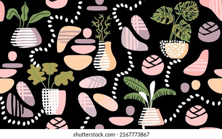 Seamless pattern with indoor plants in flowerpots and abstract shapes in pastel colors on black.Stylish background and texture for printing on fabric and paper.Vector hand drawn illustration.