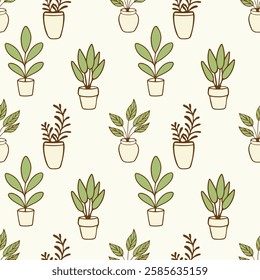 Seamless pattern with indoor plants in flowerpots, cozy home, green recreation area, relaxation, remote work, comfortable conditions. Vector illustration