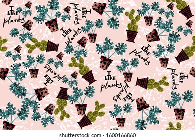 seamless pattern with indoor plants. hand drawn vector. Decorative blossom, blooming vintage backdrop. Wrapping paper, textile, background retro color design