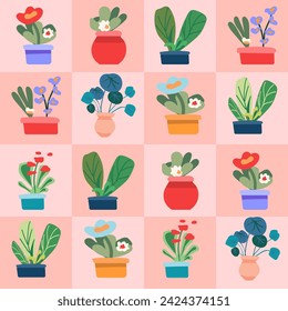 Seamless pattern of indoor plants on a pink checkerboard background. Cute interior design for print, wallpaper, fabric. Background for childrens goods, clothing, fabrics. Vector