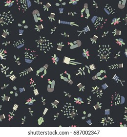 Seamless pattern with indoor plants on dark background. Vector background illustration.