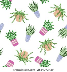 Seamless pattern of indoor plants in a pot on a white background. Vector illustration.