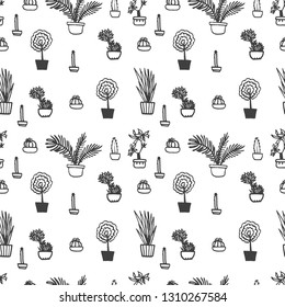 Seamless pattern with indoor plants. vector black white background