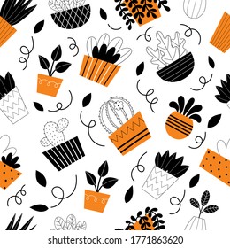 Seamless pattern indoor room plants. Potted flowers. Stylized home plants. Home decor and interior. Succulents, monstera, cacti. Illustration isolated on white background.