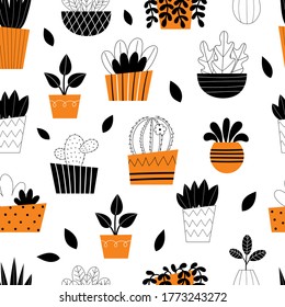 Seamless pattern indoor room plants. Potted flowers. Stylized home plants. Home decor and interior. Succulents, monstera, cacti. Illustration isolated on white background.