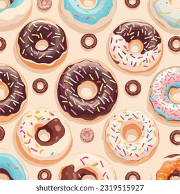 Seamless Pattern of Indulgent Donuts Vector Illustration. Deliciously Decadent