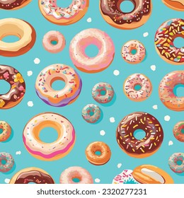 Seamless pattern of indulgent donuts vector illustration. Deliciously decadent