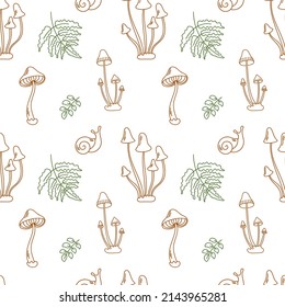 Seamless pattern with inedible mushrooms, leaves, snail. Autumn forest. Creative texture for fabric, wrapping, textile, wallpaper, apparel. Vector illustration in doodle style.