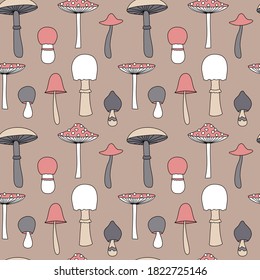 seamless pattern with inedible mushrooms, toadstools. vector color illustration. hand-drawn mushrooms.