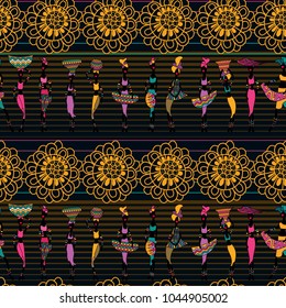 Seamless pattern, infinite abstract pattern. Beautiful girls on a background of palm trees and stars. tribal texture. Traditional, boho, stripes