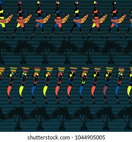 Seamless pattern, infinite abstract pattern. Beautiful girls on a background of palm trees and stars. tribal texture. Traditional, boho, stripes