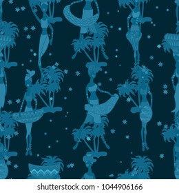 Seamless pattern, infinite abstract pattern. Beautiful girls on a background of palm trees and stars. tribal texture