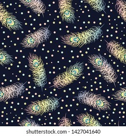 Seamless pattern, infinite texture. beautiful feathers background. Abstract composition. For fabric or paper. Tribal draft