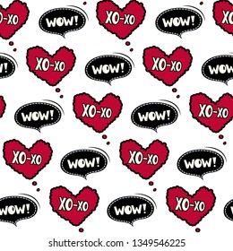Seamless pattern. Infinitely repetitive texture with red  speech bubbles Xo-xo and black talk bubbles Wow. Hand drawn vector illustration 