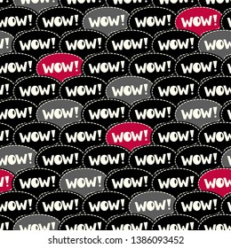 Seamless pattern. Infinitely repetitive texture with black and pink speech bubbles Wow. Hand drawn vector illustration 